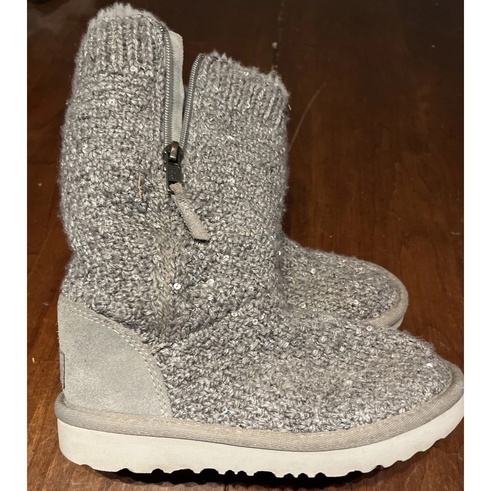 UGG Treadlite Silver Gray Sequin Knit Mid Calf Sweater Boots‎ Shoes Kids Size 12